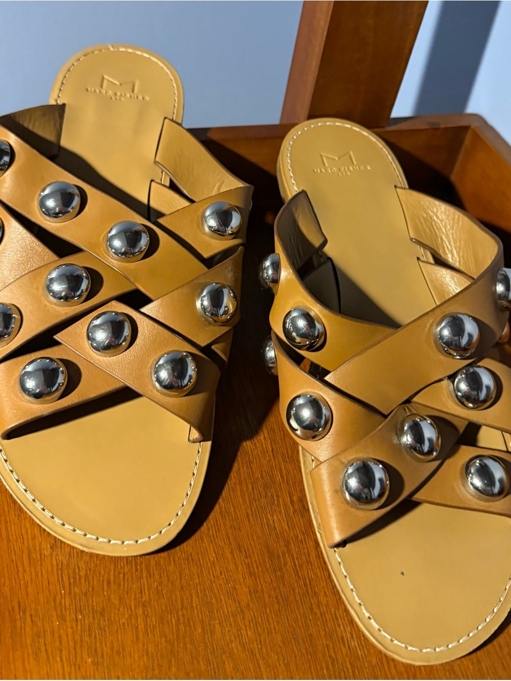 Marc Fisher Tan Leather Crisscross Stud Slide Sandals, size 10